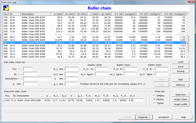 Chain Wheel Verification Roller Chain Selection Dialog Box