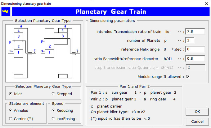 Planetary Gear Dimensions Dialog Box