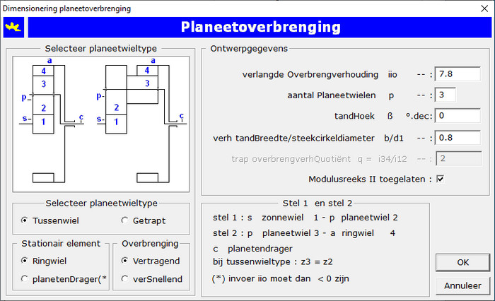 Dialoogvenster Dimensionering Planeetoverbrenging