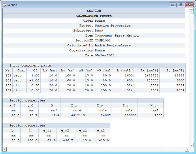 Section Properties Output Component Parts Method