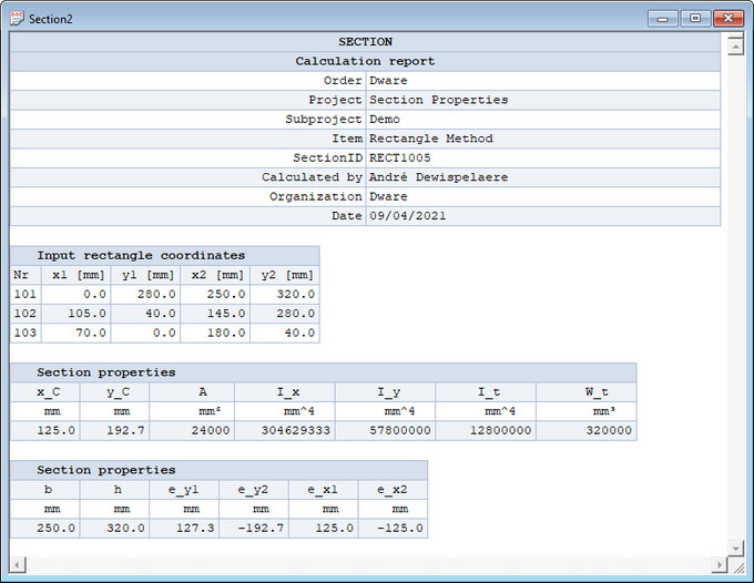 Section Properties Output Rectangles Method