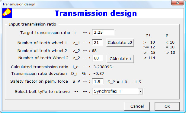 Timing Belt Design Specifications Dialog Box