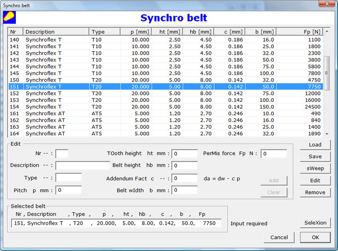 Timing Belt Selection Dialog Box