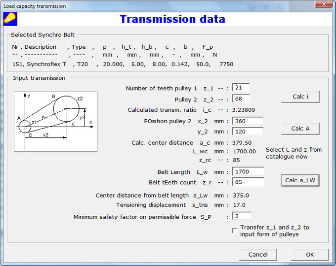 Timing Belt Verification Transmission Specifications Dialog Box