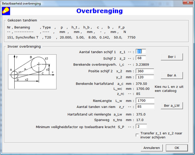 Dialoogvenster Specificaties Tandriemoverbrenging