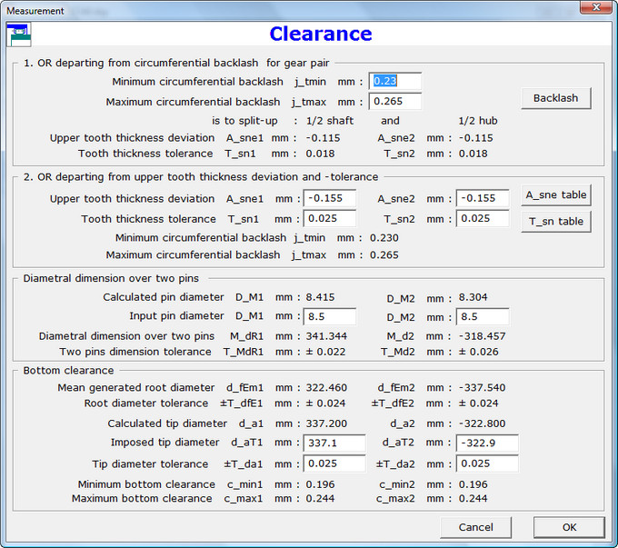 Clearance and Gear Measurement Dialog